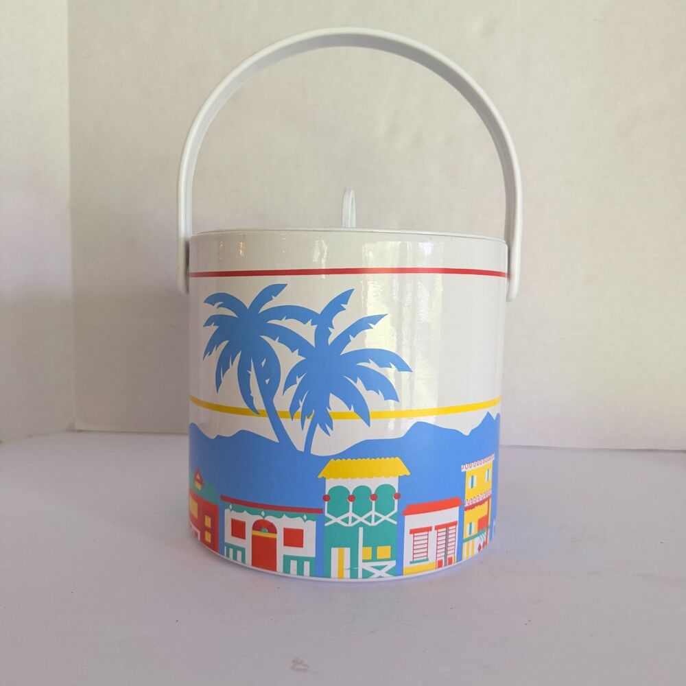 VTG 80s 90s Ice Bucket, Summer Tropical Vacation Palm Trees Houses